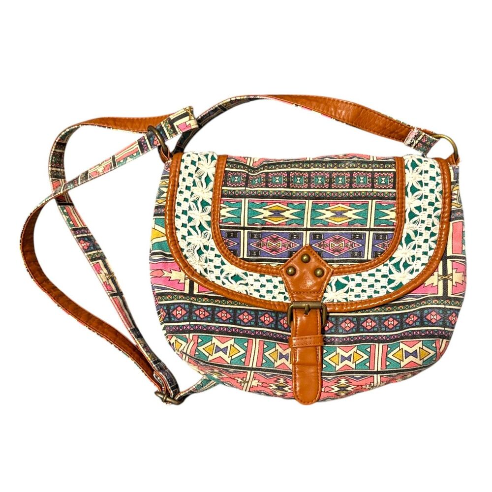 Boho Aztec Print Crossbody Bag Woven Lace Trim Faux Leather Festival Purse